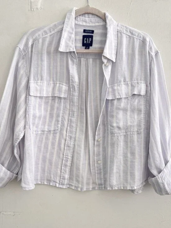 NEW Gap 100% Linen Cropped Shirt Button Up Womens S Blue White Stripe Boxy SMALL - Picture 2 of 7